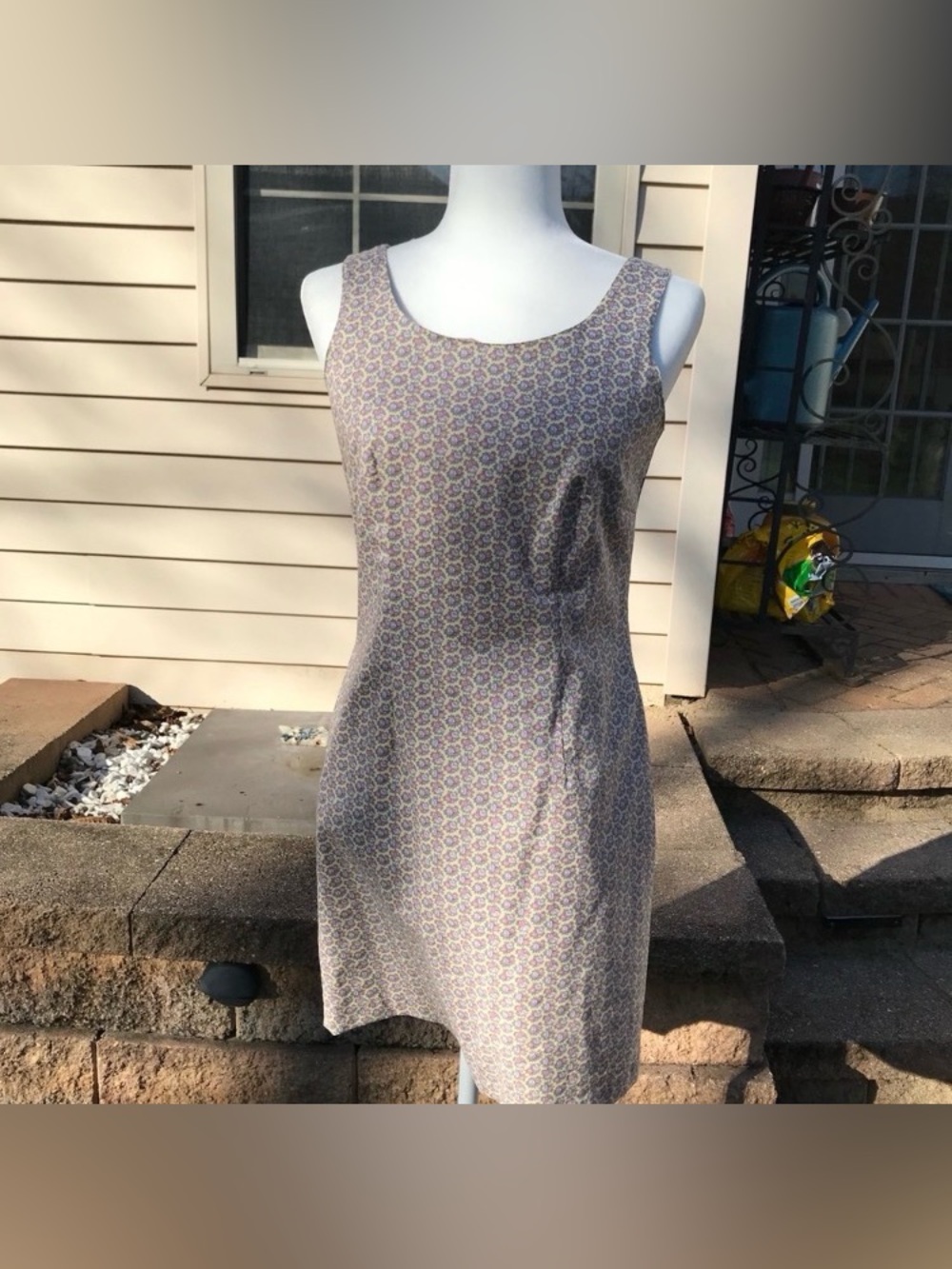 Laura Ashley Sleeveless Mini Dress in Beige and Blue Floral Print